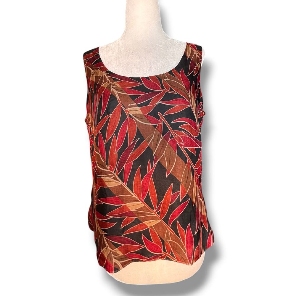 Vintage Silk Leaf Print Tank Top Boho Botanical Dark Romance Resortwear Chic